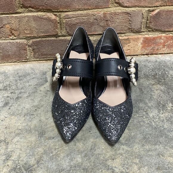 Miu Miu Glitter Jeweled Buckle Pointed Toe Pump Size 37.5 - Picture 3 of 10
